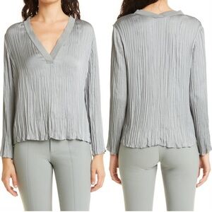 Vince Slate Accordion Pleat V Neck Blouse